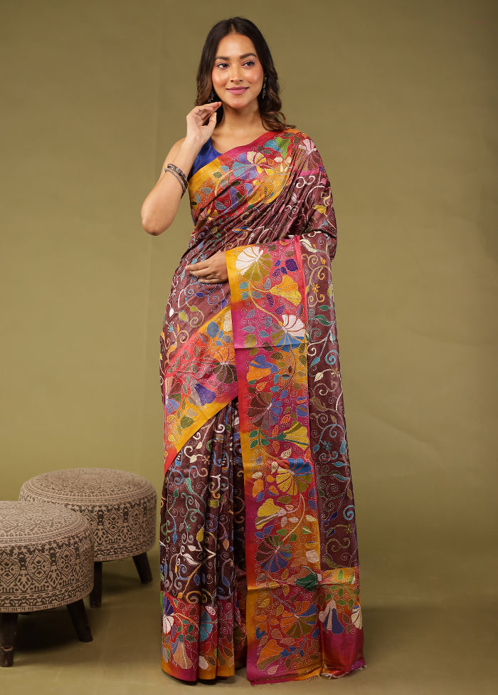 Pink Handloom Kantha Stitch Pure Silk Saree With Blouse Piece