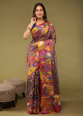 Pink Handloom Kantha Stitch Pure Silk Saree With Blouse Piece