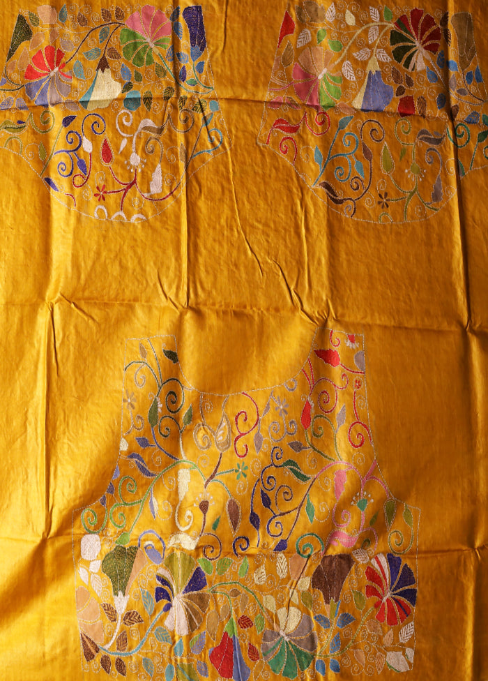 Pink Handloom Kantha Stitch Pure Silk Saree With Blouse Piece