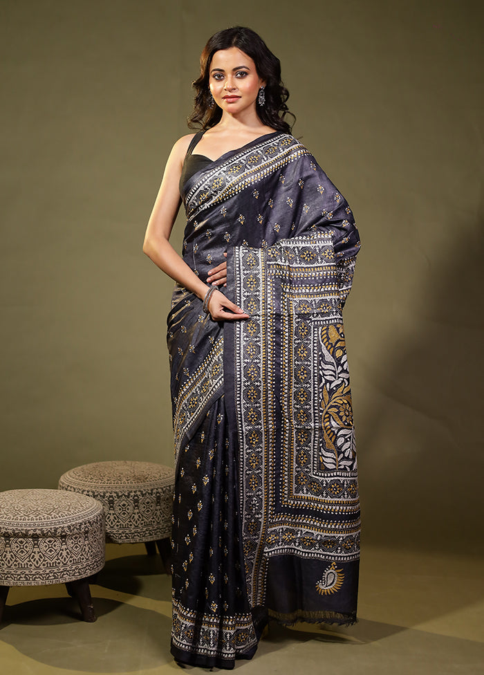 Blue Handloom Kantha Stitch Pure Silk Saree With Blouse Piece