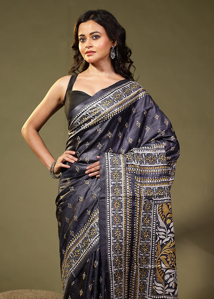 Blue Handloom Kantha Stitch Pure Silk Saree With Blouse Piece