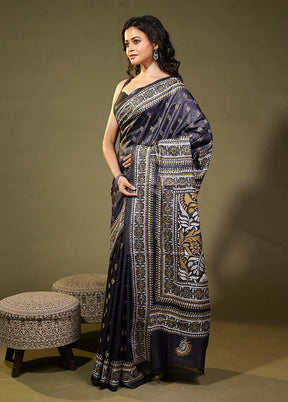 Blue Handloom Kantha Stitch Pure Silk Saree With Blouse Piece