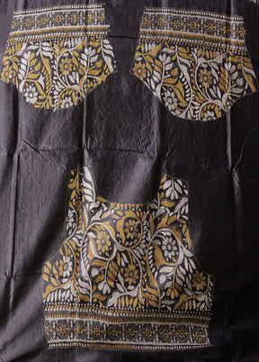 Grey Handloom Kantha Stitch Pure Silk Saree With Blouse Piece