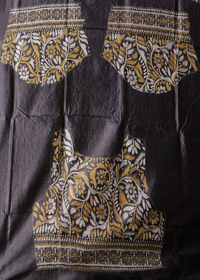 Blue Handloom Kantha Stitch Pure Silk Saree With Blouse Piece