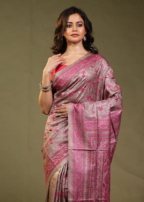 Pink Handloom Kantha Stitch Pure Silk Saree With Blouse Piece
