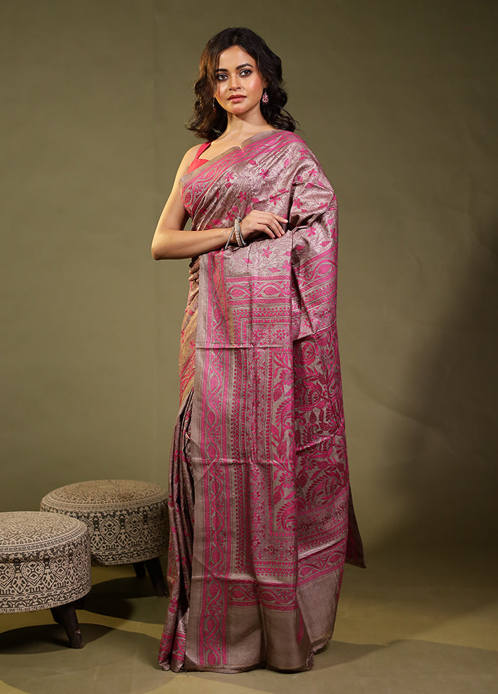 Pink Handloom Kantha Stitch Pure Silk Saree With Blouse Piece