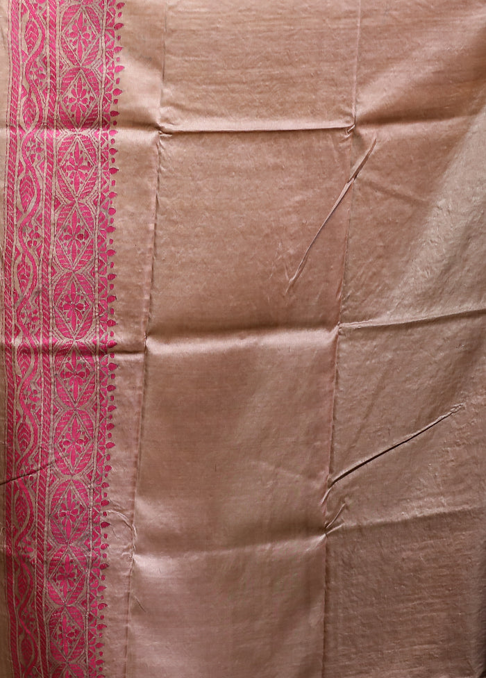 Pink Handloom Kantha Stitch Pure Silk Saree With Blouse Piece