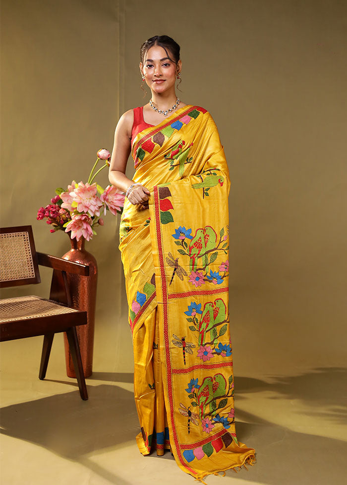 Yellow Handloom Kantha Stitch Pure Silk Saree With Blouse Piece
