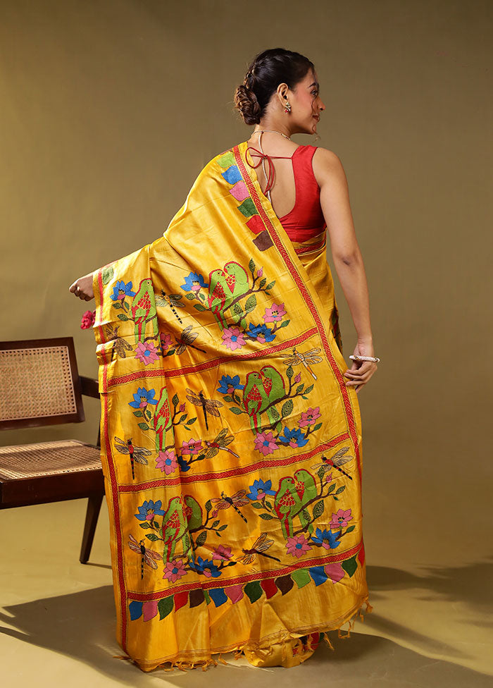 Yellow Handloom Kantha Stitch Pure Silk Saree With Blouse Piece