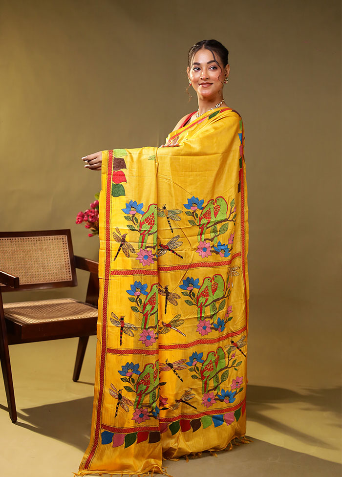 Yellow Handloom Kantha Stitch Pure Silk Saree With Blouse Piece