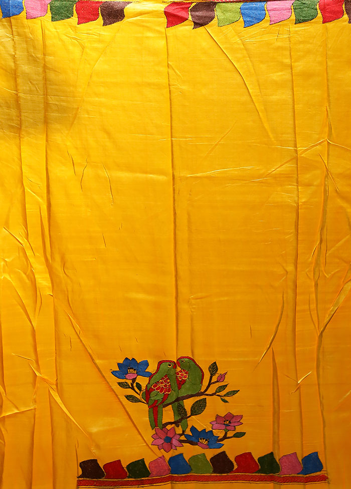 Yellow Handloom Kantha Stitch Pure Silk Saree With Blouse Piece