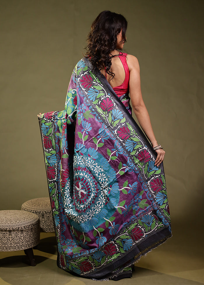 Multicolor Handloom Kantha Stitch Pure Silk Saree With Blouse Piece
