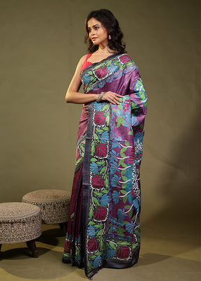 Purple Handloom Kantha Stitch Pure Silk Saree With Blouse Piece