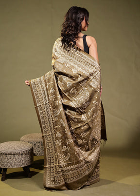 Green Handloom Kantha Stitch Pure Silk Saree With Blouse Piece