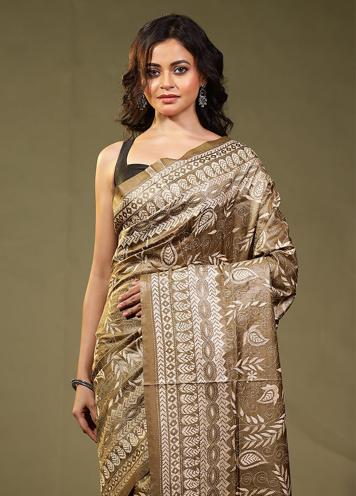 Cream Handloom Kantha Stitch Pure Silk Saree With Blouse Piece
