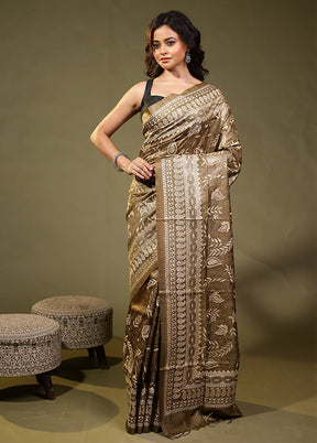 Cream Handloom Kantha Stitch Pure Silk Saree With Blouse Piece