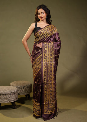 Purple Handloom Kantha Stitch Pure Silk Saree With Blouse Piece