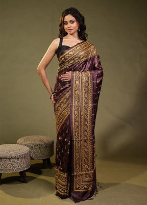 Brown Handloom Kantha Stitch Pure Silk Saree With Blouse Piece