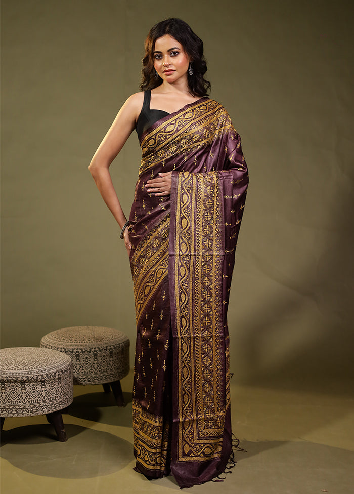 Purple Handloom Kantha Stitch Pure Silk Saree With Blouse Piece
