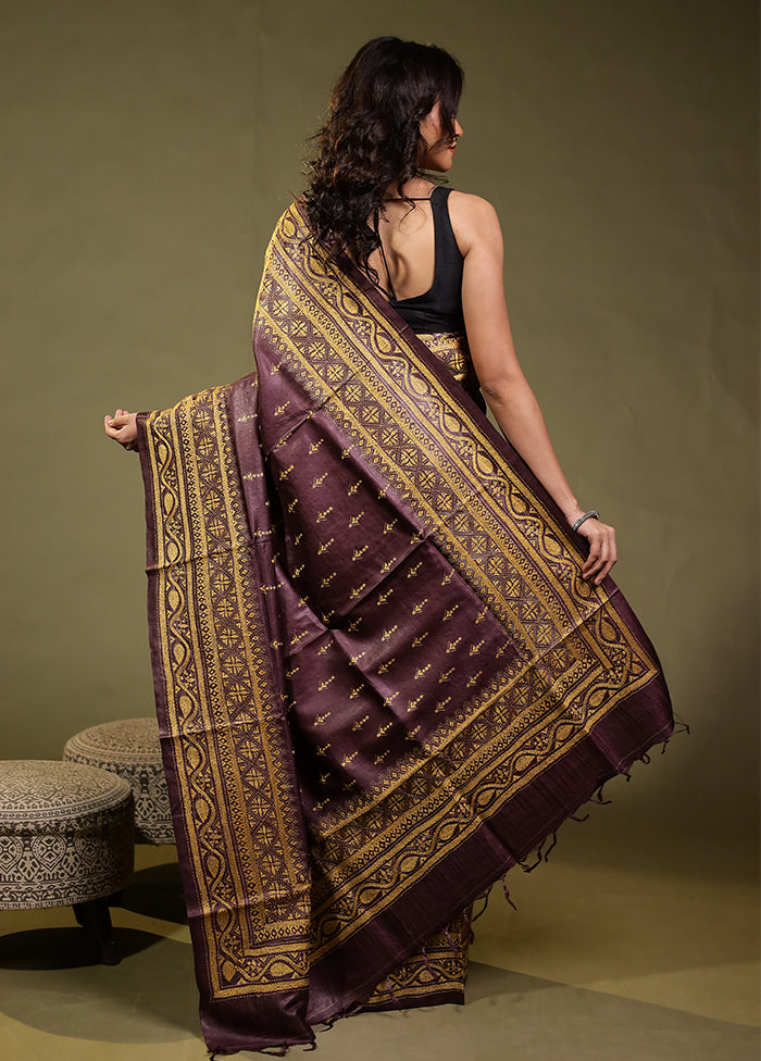 Brown Handloom Kantha Stitch Pure Silk Saree With Blouse Piece