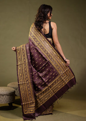 Brown Handloom Kantha Stitch Pure Silk Saree With Blouse Piece