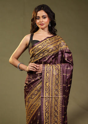 Brown Handloom Kantha Stitch Pure Silk Saree With Blouse Piece