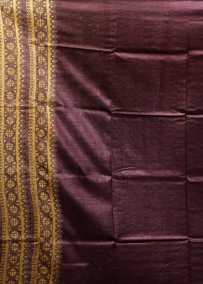 Purple Handloom Kantha Stitch Pure Silk Saree With Blouse Piece