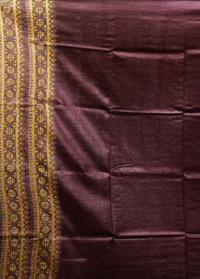 Brown Handloom Kantha Stitch Pure Silk Saree With Blouse Piece