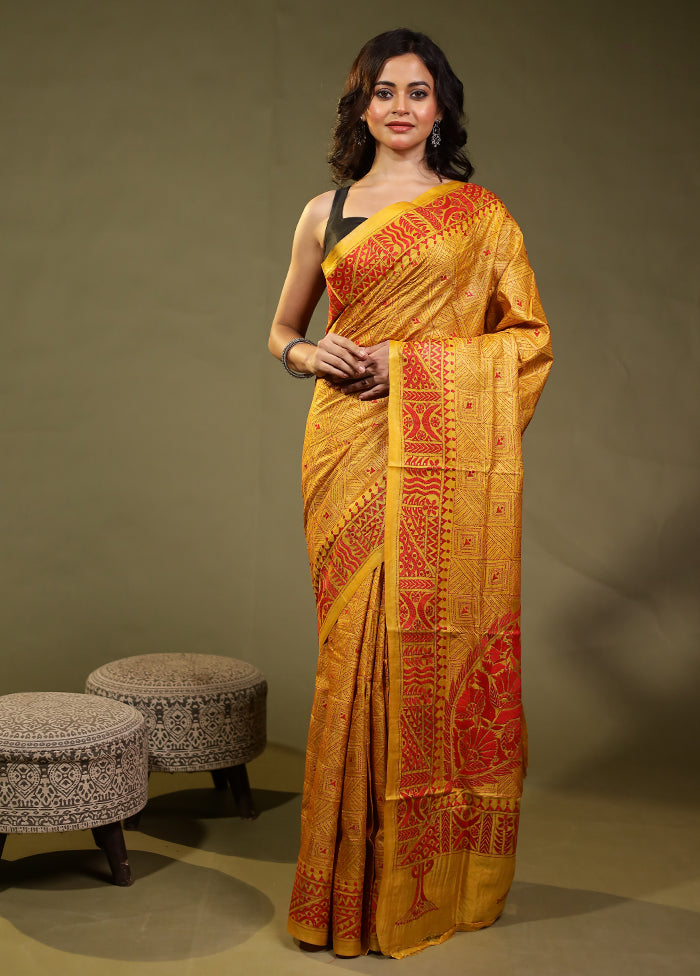 Orange Handloom Kantha Stitch Pure Silk Saree With Blouse Piece