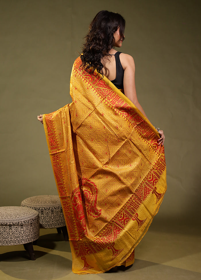 Orange Handloom Kantha Stitch Pure Silk Saree With Blouse Piece