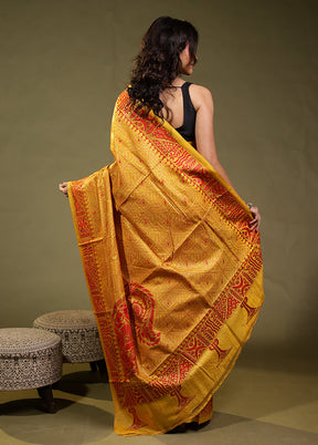 Orange Handloom Kantha Stitch Pure Silk Saree With Blouse Piece