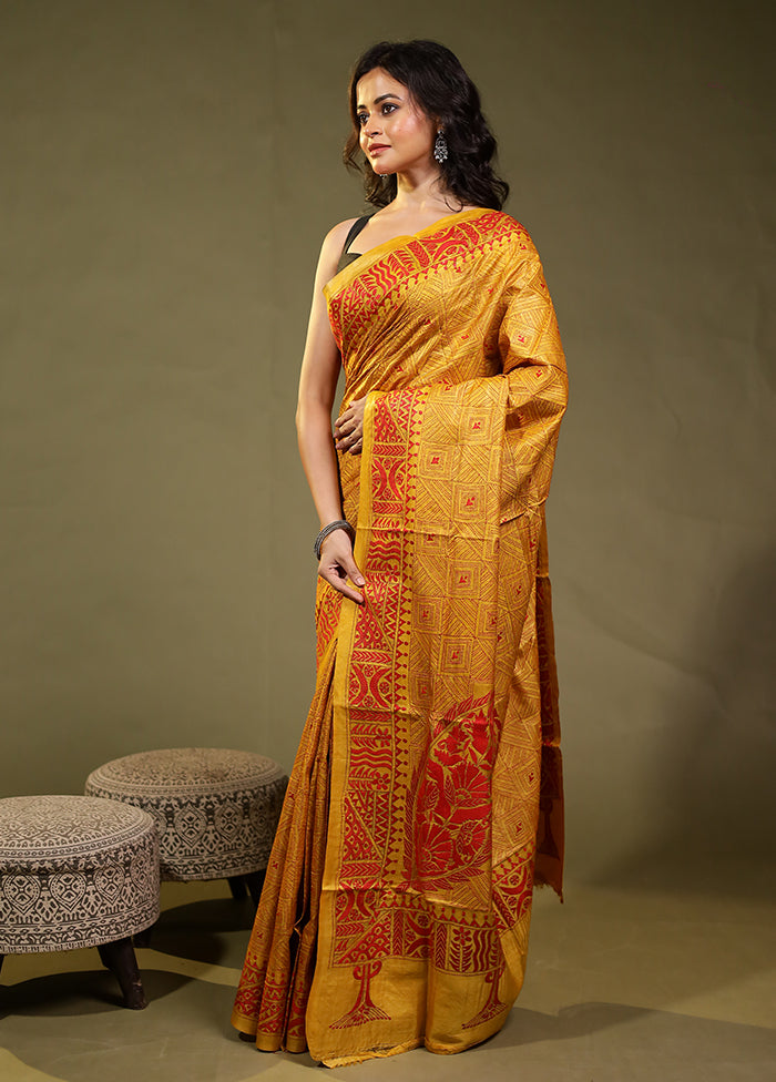 Orange Handloom Kantha Stitch Pure Silk Saree With Blouse Piece