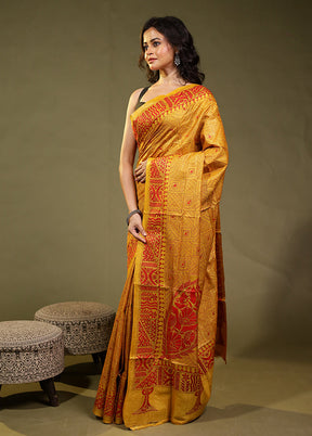 Orange Handloom Kantha Stitch Pure Silk Saree With Blouse Piece
