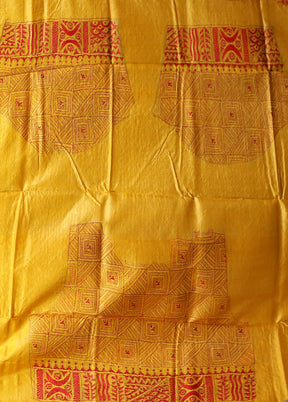 Orange Handloom Kantha Stitch Pure Silk Saree With Blouse Piece
