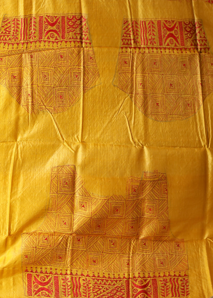 Orange Handloom Kantha Stitch Pure Silk Saree With Blouse Piece
