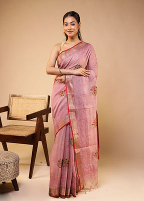 Pink Linen Silk Saree With Blouse Piece