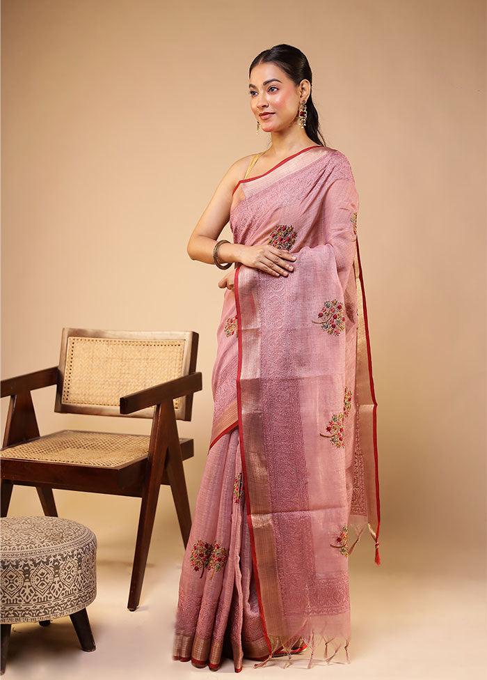 Pink Linen Silk Saree With Blouse Piece