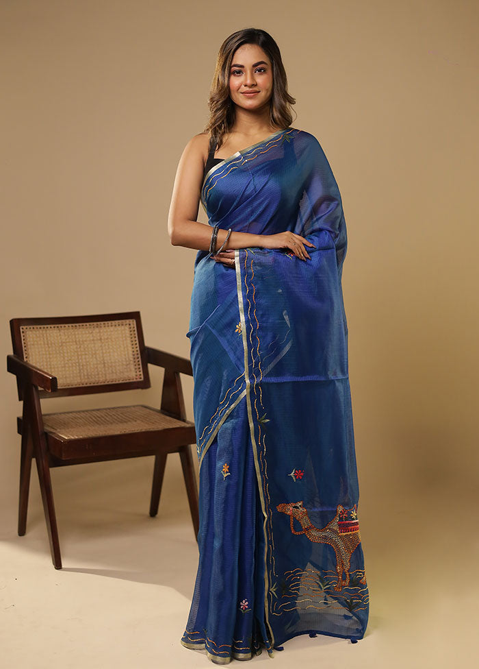 Blue Pure Cotton Saree With Blouse Piece