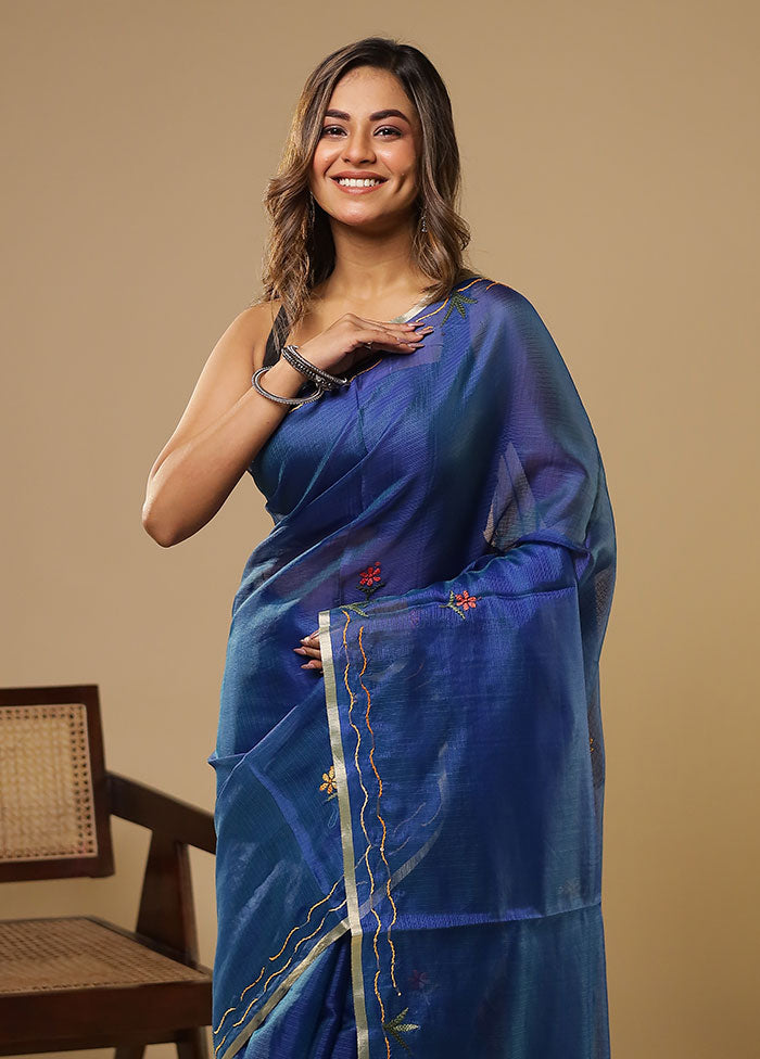 Blue Pure Cotton Saree With Blouse Piece