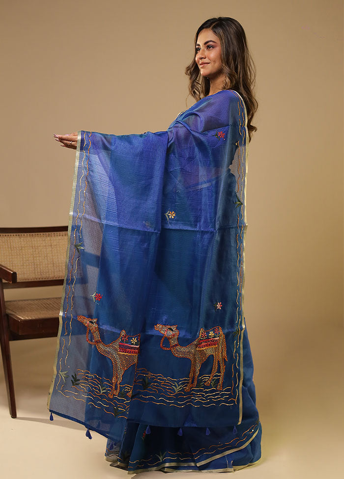 Blue Pure Cotton Saree With Blouse Piece