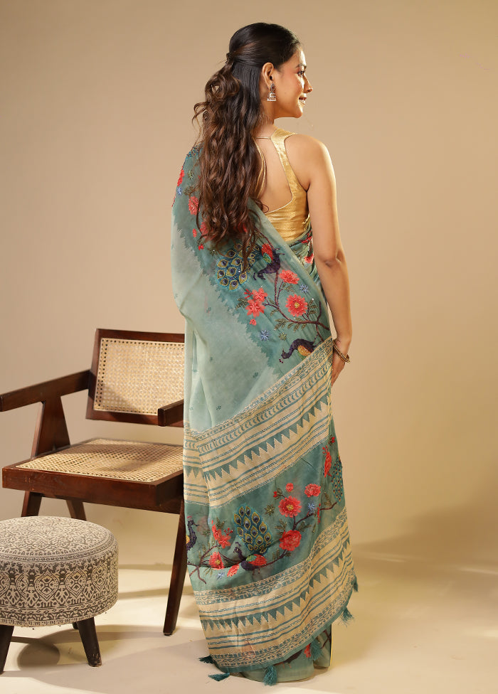 Green Linen Silk Saree With Blouse Piece