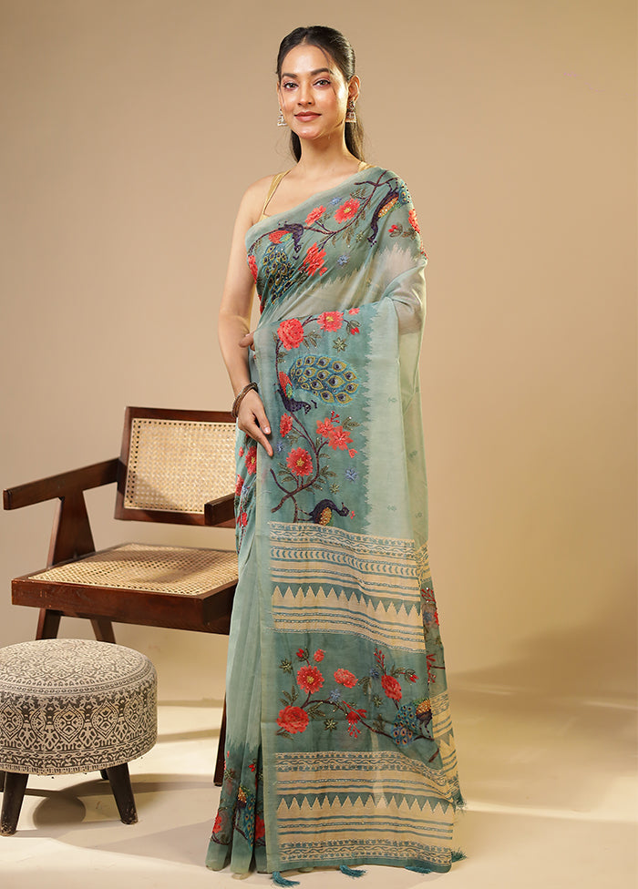 Green Linen Silk Saree With Blouse Piece
