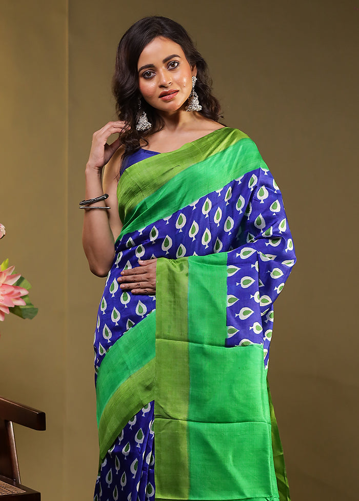 Blue Printed Pure Silk Saree Without Blouse Piece