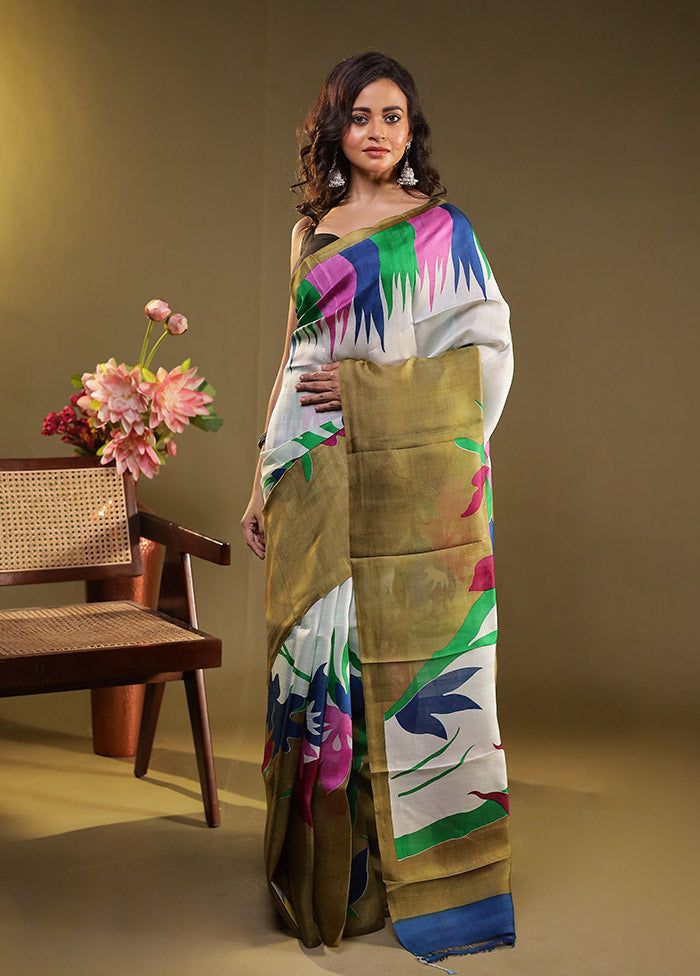 Green Printed Pure Silk Saree Without Blouse Piece