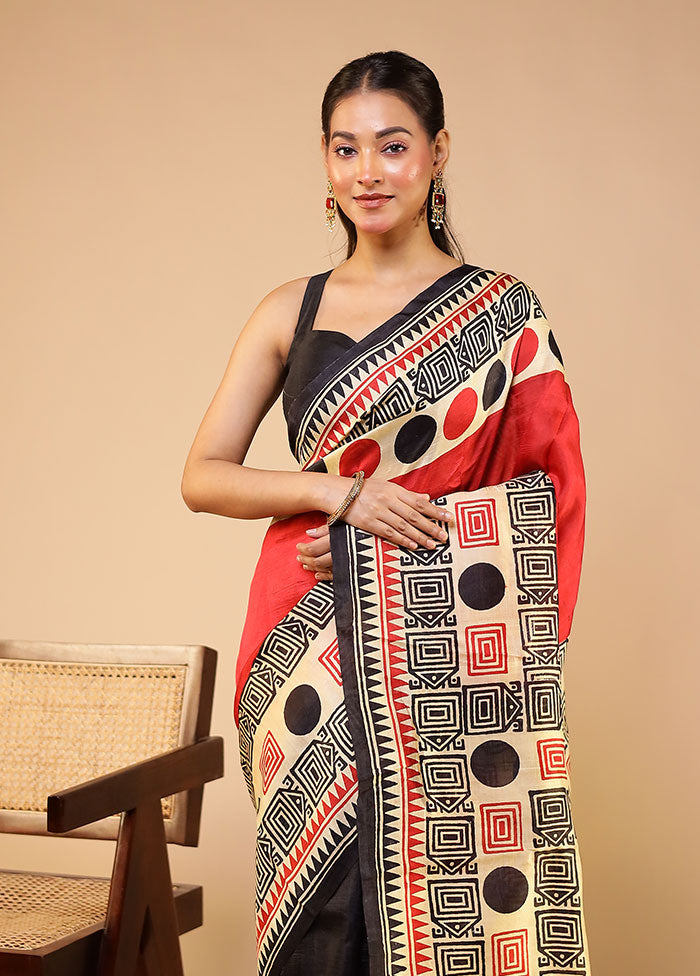 Red Printed Pure Silk Saree With Blouse Piece