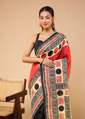 Red Printed Pure Silk Saree With Blouse Piece