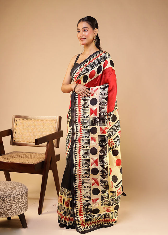 Red Printed Pure Silk Saree With Blouse Piece