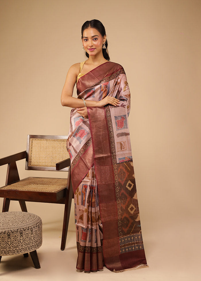 Maroon Handloom Tussar Pure Silk Saree With Blouse Piece