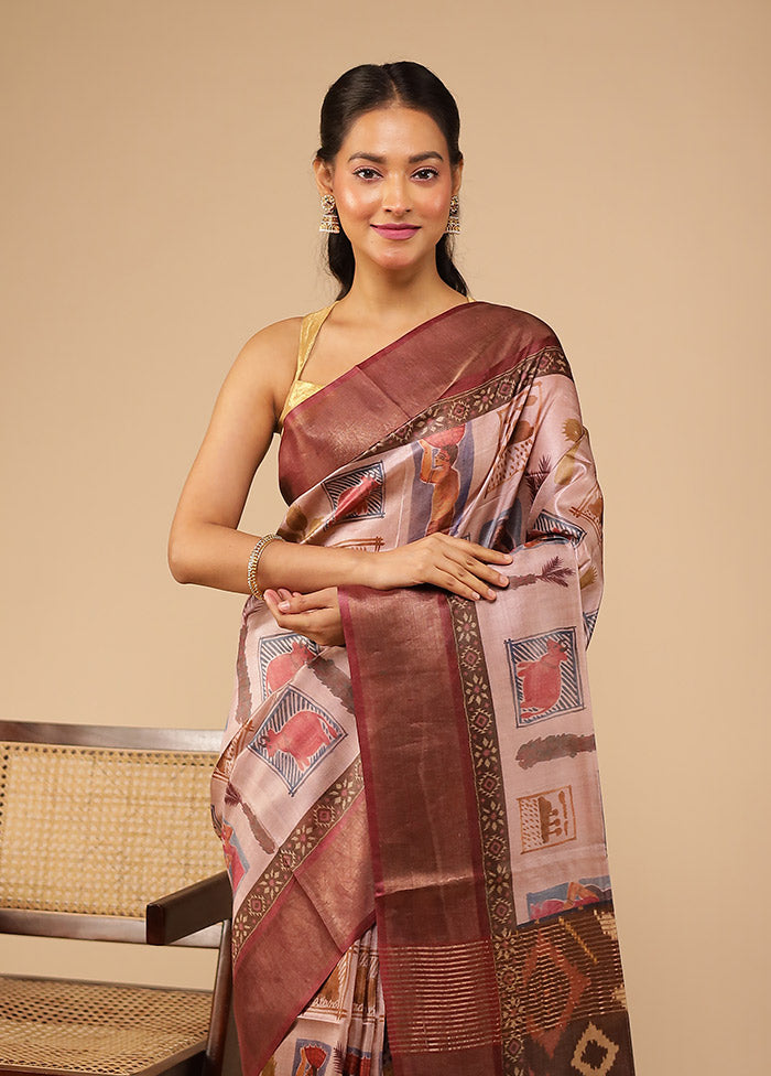 Maroon Handloom Tussar Pure Silk Saree With Blouse Piece
