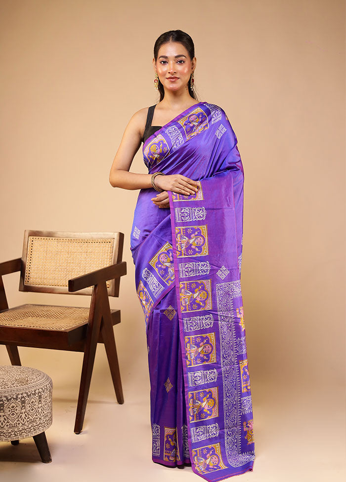 Purple Printed Pure Silk Saree With Blouse Piece